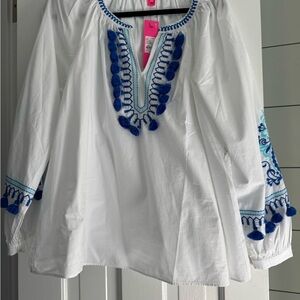 White and Blue Embroidered Women's Top